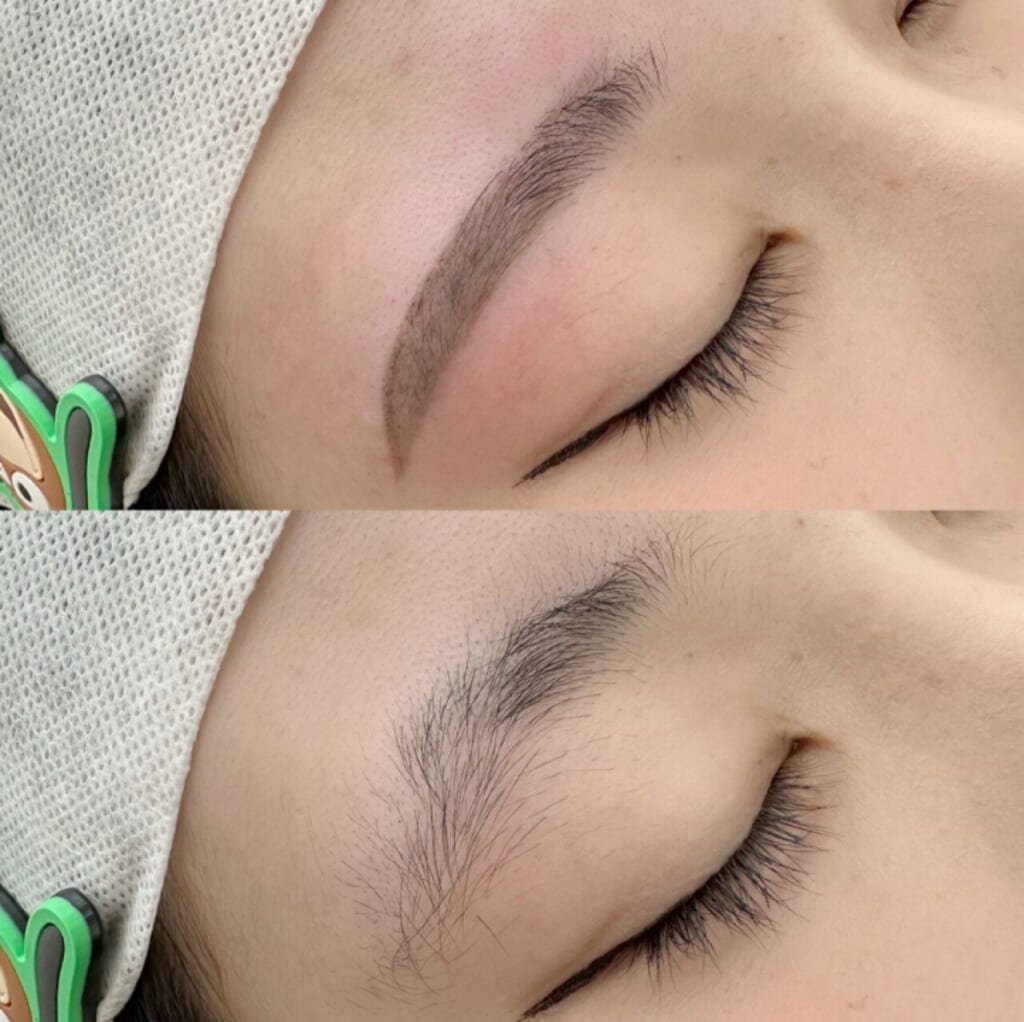 目を閉じた目元を上下に並べた写真。毛量が多い眉（下）と、平行に近い形に整えた眉（上）