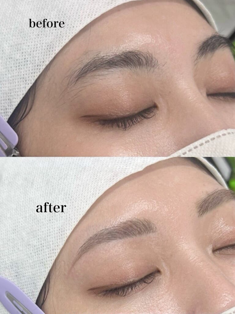 目を閉じた目元を上下に並べた写真。上(before)は整える前の眉、下(after)は整えた後の眉