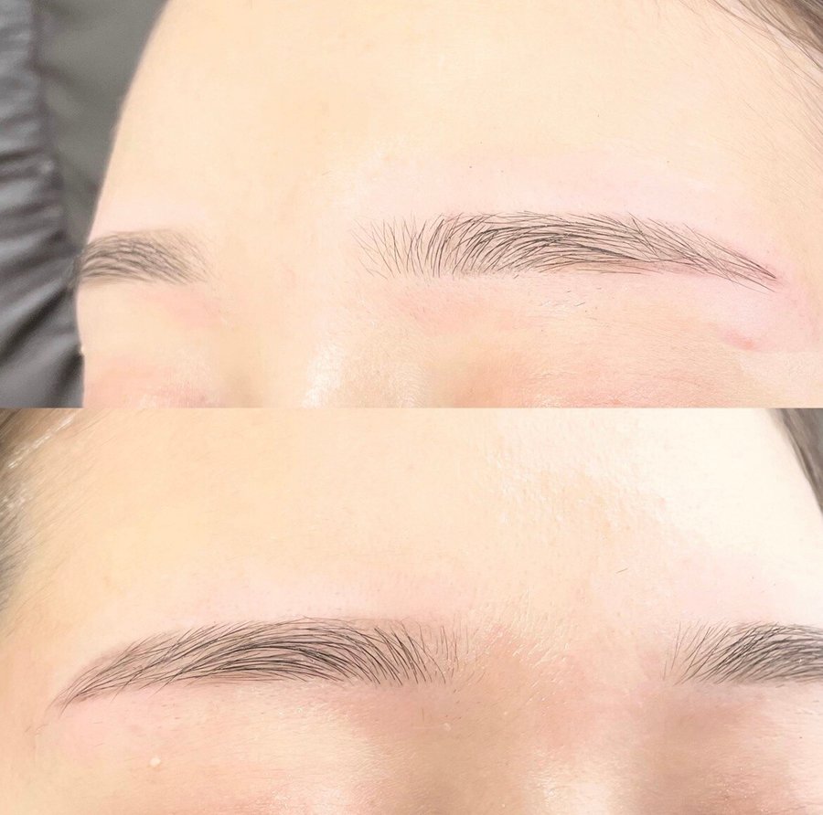 目を閉じた目元を上下に並べた写真。上は整える前の眉、下は自眉の形を活かして整えた平行眉