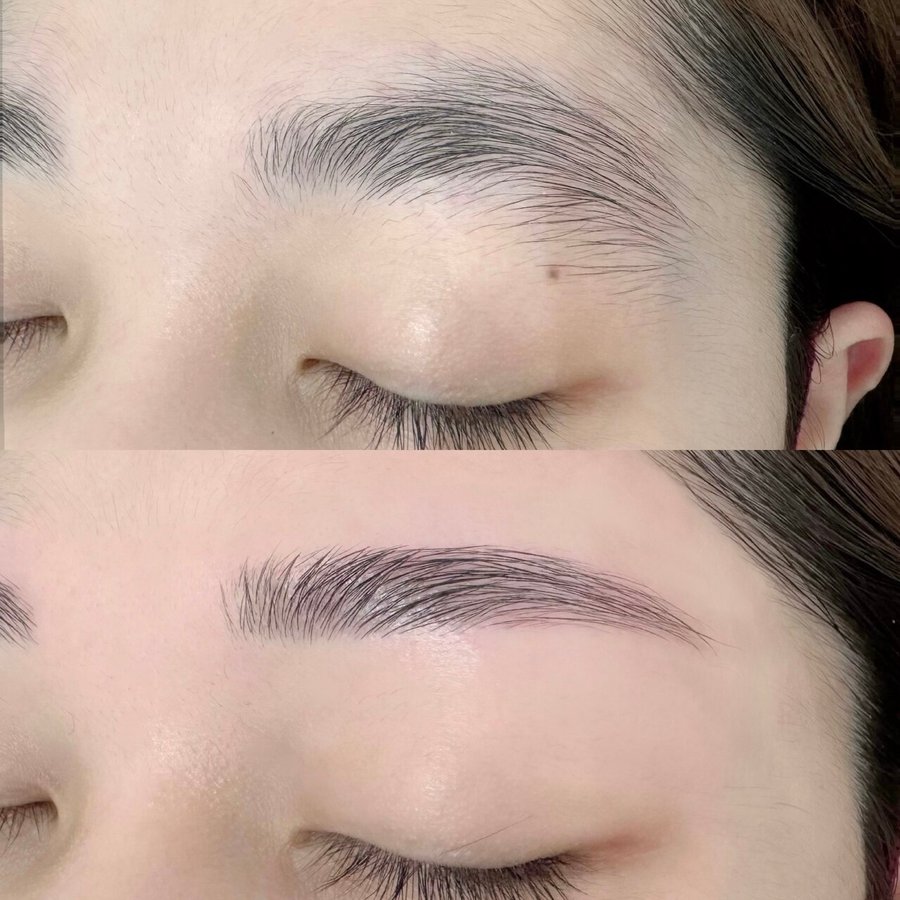 目を閉じた目元を上下に並べた写真。上は眉のまわりにまばらな毛がある眉、下は眉山の毛を残して整えた眉