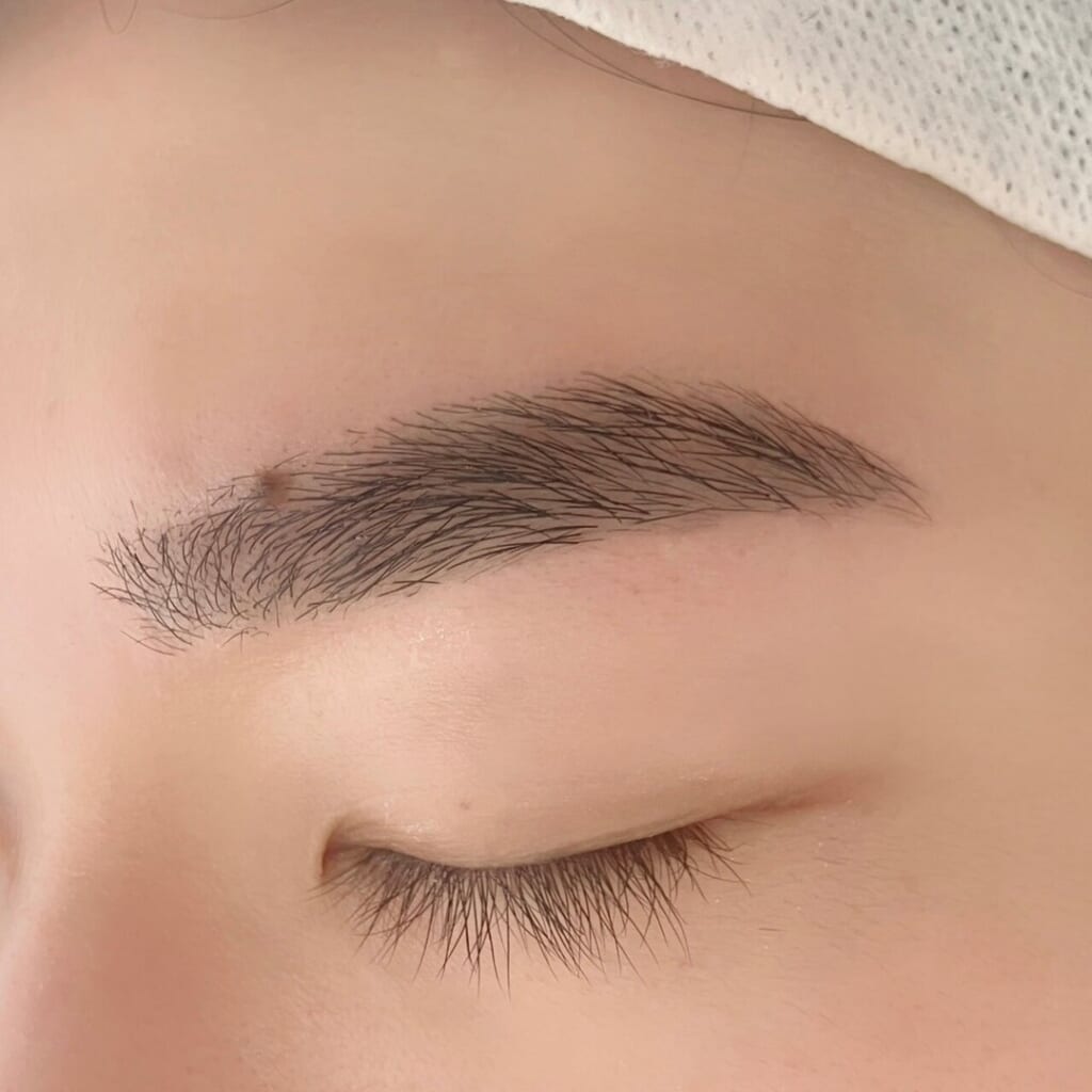 目を閉じた片方の目元のアップ。眉尻まで形を整えた眉