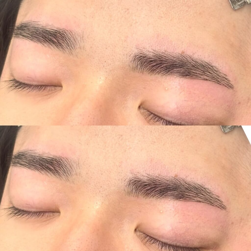 目を閉じた目元を上下に並べた写真。上は伸ばしている途中の眉、下は今ある毛を活かして整えた後の眉