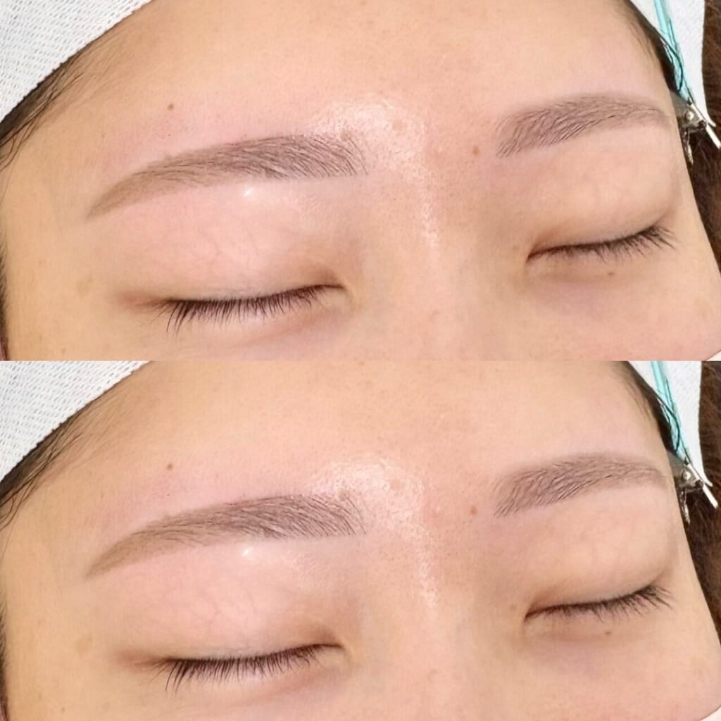 目を閉じた目元を上下に並べた写真。間引きで毛の量を整えた眉