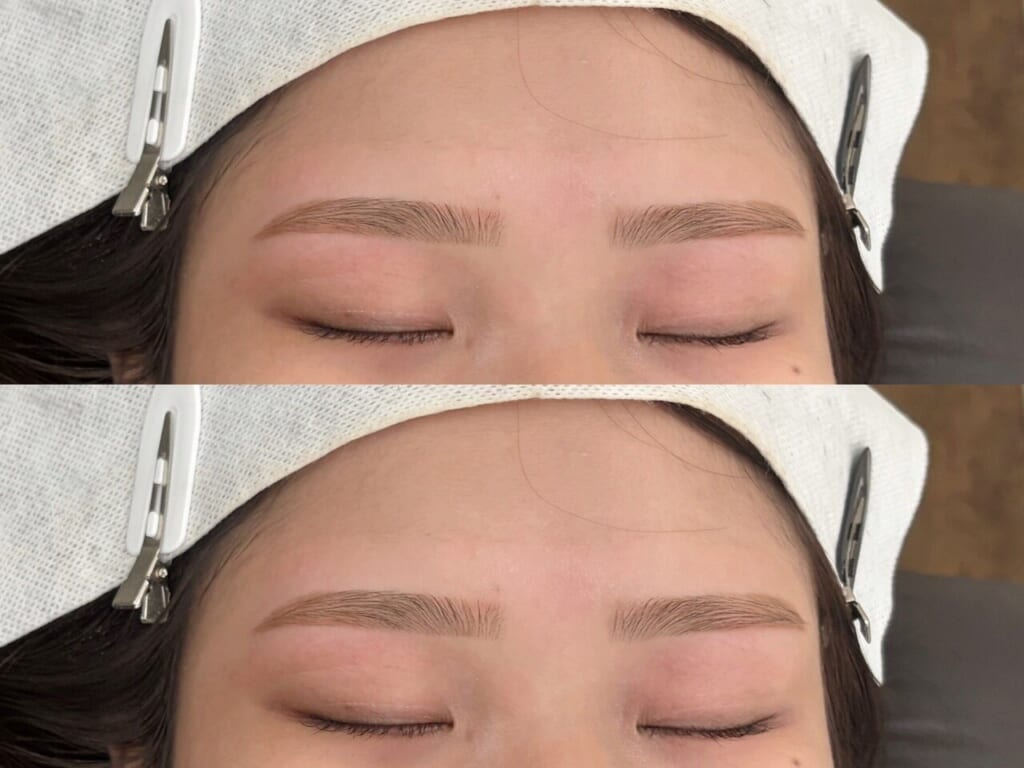 目を閉じた目元を上下に並べた写真。眉の上下のラインをまっすぐに近づけて整えた平行眉