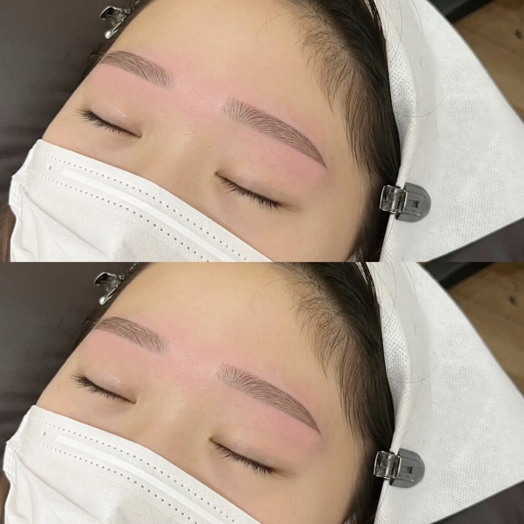 マスクをした状態で目を閉じた目元を上下に並べた写真。目との距離を離さずに、眉山に丸みをつけて整えた眉