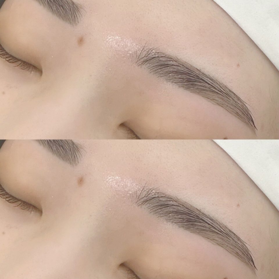 目を閉じた目元を上下に並べた写真。上は整える前、下はワックスで眉のまわりの毛を取った後の眉