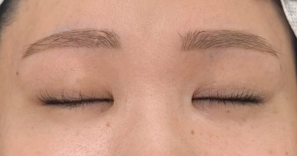 目を閉じた目元の写真。毛の量を整えた、柔らかい印象の平行眉