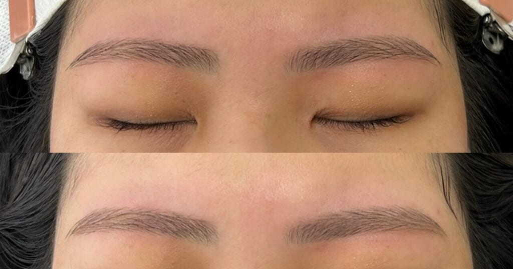 目を閉じた女性の目元を上下に並べた写真。上はワックスと間引きで整えた眉、下はメイクで仕上げた眉