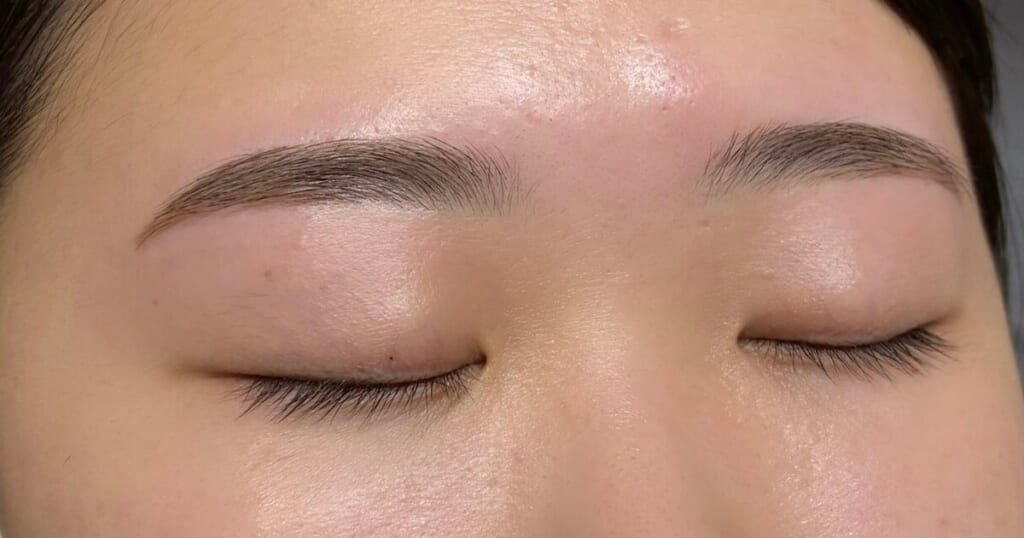目を閉じた目元の写真。眉尻を描き足し、自然な平行眉に整えた両眉