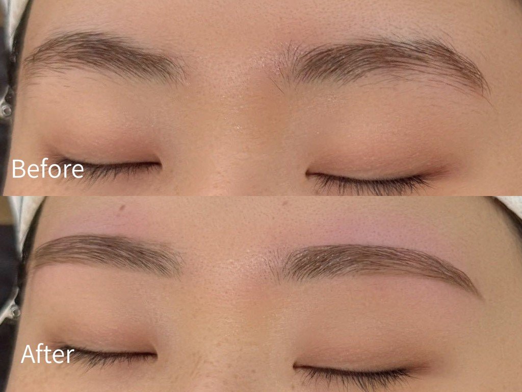 眉の施術前(上)と施術後(下)を上下に並べた目元のアップ。左右の眉が両方写り、施術後は左右の形がそろっている